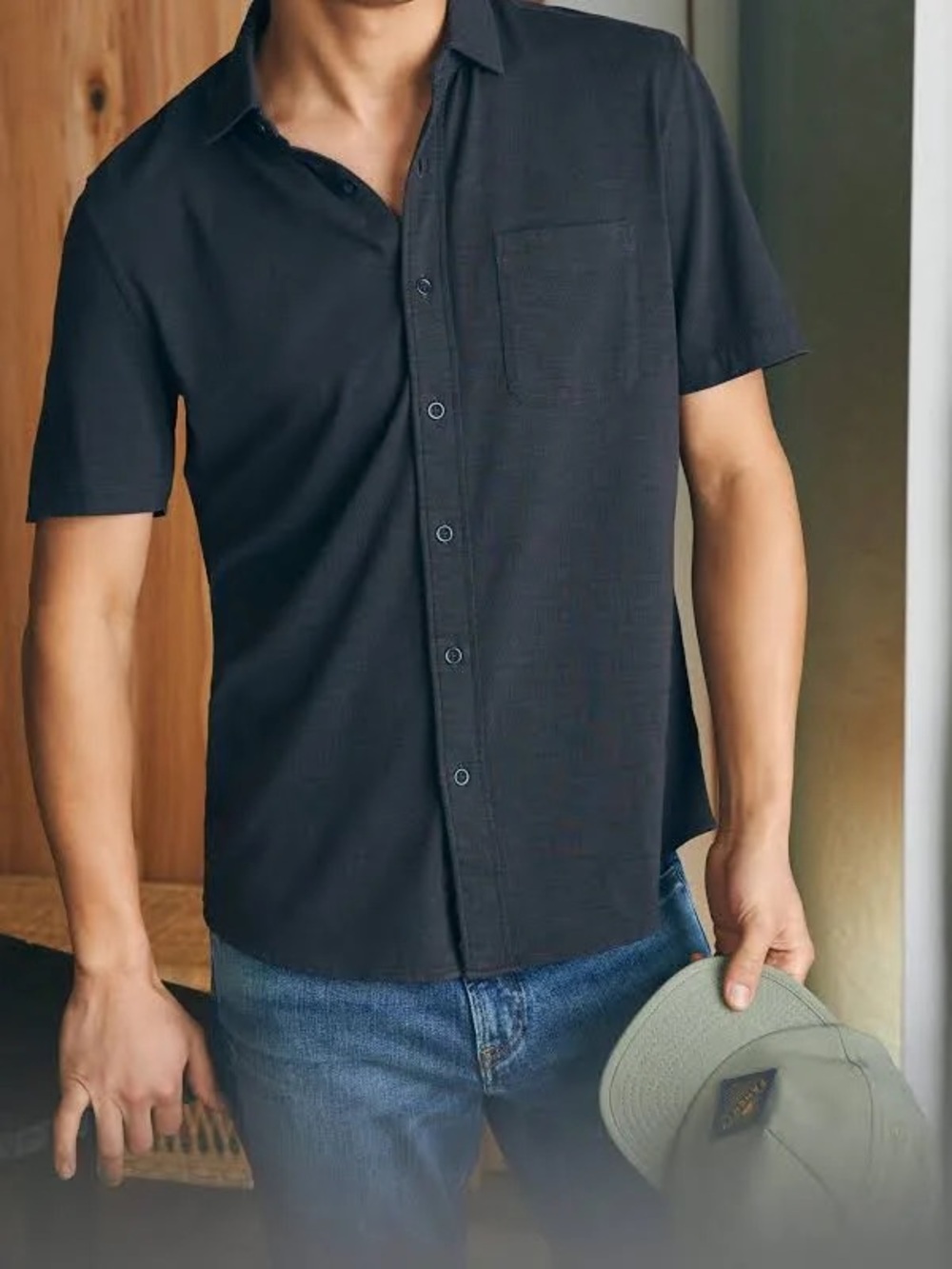 Faherty Short-Sleeve Sunwashed Knit Shirt in Washed Black